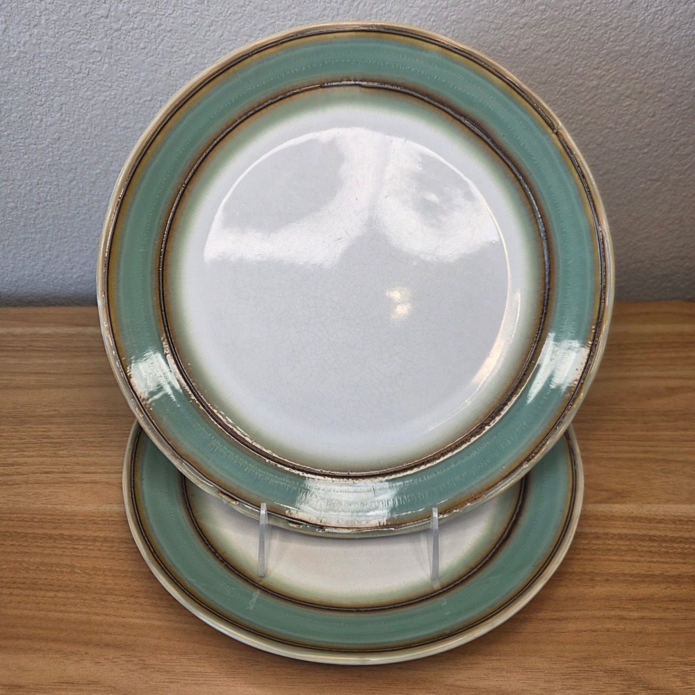 Sango Waves Green 4973 Dinner Plates 10.75" Stoneware Set of 2